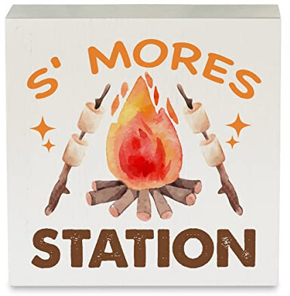 Smores Camping-Schild, rustikales Camper-Lagerfeuer-Holzkistenschild für Zuhause, Schreibtisch, Tisch, Regal, Dekoration, 12,7 x 12,7 cm