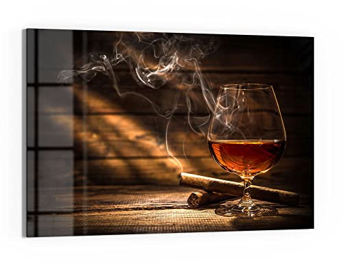 DEQORI Glasbild Echtglas | Motiv Whiskeyglas und Zigarre | horizontal einteilig 90x60 cm | schöne Dekoration | Wandbild für Wohnzimmer, Schlafzimmer, Flur & Küche | moderne Wanddeko