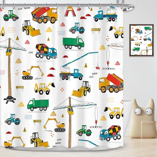 Newsely Kids Construction Truck Boys Shower Curtain 60Wx72H Inch Cartoon Excavator Tractor Machinery Vehicle Shower Curtain Bathroom Set Colorful Waterproof Bath Decoration Accessories Home Decor