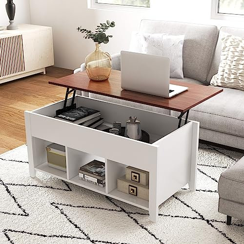 GOPLUS Table Basse Salon Plateau Relevable Moderne, Vérin à Gaz, Table Basse Transformable avec Compartiment Caché 105x52x63CM(Blanc)