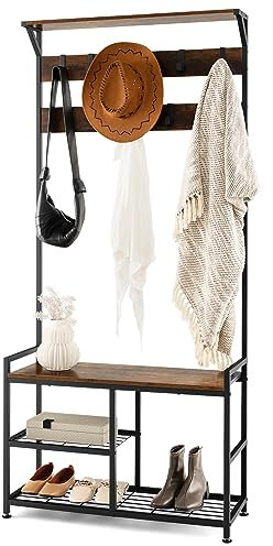 COSTWAY Garderobenständer mit 9 Haken und Schuhregal, 3 Ebenen Garderobe, Flurgarderobe Industrie-Design, Kleiderständer Metallrahmen für Flur und Schlafzimmer