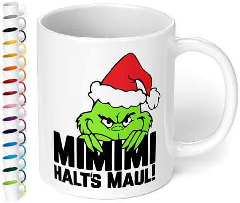True Statements Lustige Weihnachtstasse mit Namen und böser Katze „Mimimi Halts’s Maul!“ - 330ml - personalisierter Keramik Kaffeebecher mit Spruch – Anti Weihnachten Geschenk (Weiß)