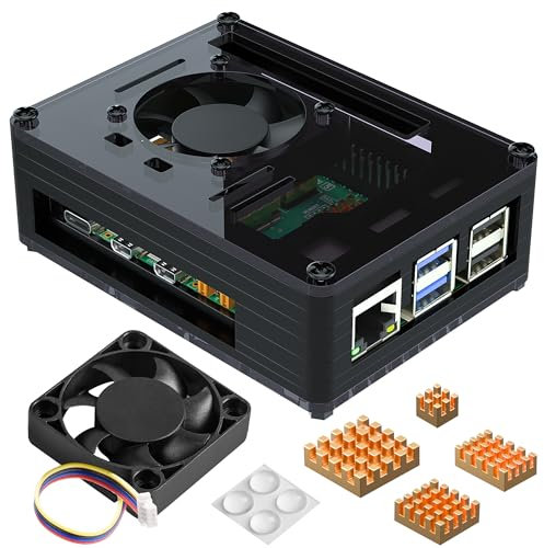 Miuzei Acryl Gehäuse Argon für Raspberry Pi 5 mit PWM Lüfter und 4 Kühlkörper aus Reinem Kupfer Micro PC-Raspberry Pi 5 4GB 8GB Aktive Kühlung Black Case Compatible With Official Raspi 5 Active Cooler