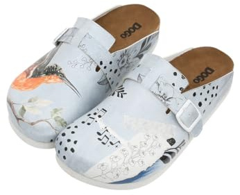 DOGO Damen-Hausschuhe aus veganem Leder, Blau – Birds Chirping Motiv, mehrfarbig, 39 EU