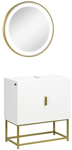 kleankin Conjunto de Baño Juego de Mueble para Debajo del Lavabo con Patas de Acero y Espejo de Baño con Luz LED Interruptor Táctil 60x30x65 cm Ø60x4 cm Blanco y Dorado