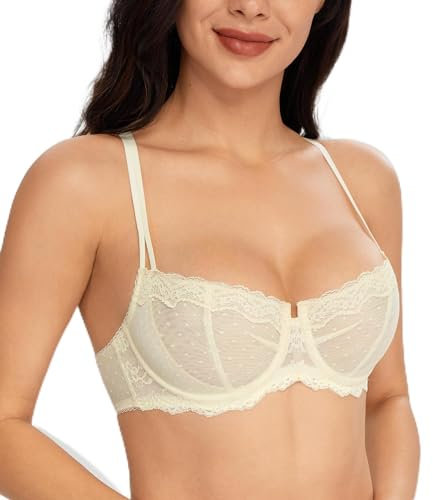 Lemorosy Women's Balconette Push Up Bra Unlined Non-Padded Half Cup Lace Sheer Underwire(Beige 36DD)