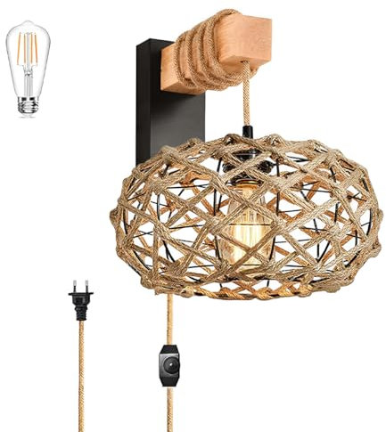 KZT Vintage Dimmbar Wandleuchte mit Stecker,Vintage Nachttischlampe Schwarz Retro Industrial Metall Wand Lampe E27 mit Drehschalter & 2M Kabel für Wohnzimmer Schalfzimmer Treppenhaus Flur Cafe Bar