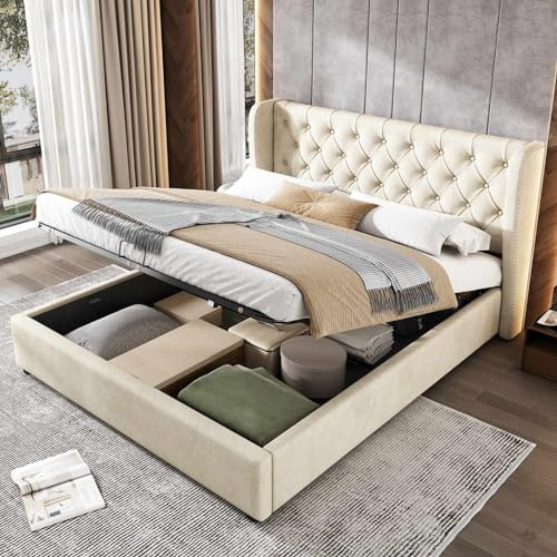 KOMHTOM Truhe mit Stauraum unter dem Bett, doppelt gepolstert, mit Kopfteil, für Erwachsene mit Lattenrost, Rahmen (ohne Matratze) (Beige, 140 x 200 cm)