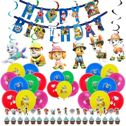 Geburtstagsdeko Jungen und Mädchen, Dog Patrol Geburtstag Deko, Kindergeburtstag Deko Set mit Luftballons, Happy Birthday Girlande, Hund Patrol Kuchen Deko, Spiralen als Party Dekoration