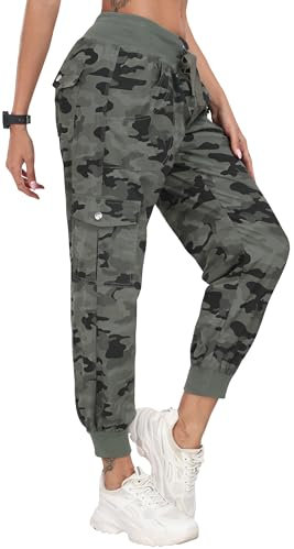 JINSHI Outdoorhose Damen Tarnhosen Cargohose Lange Trekkinghose Leichte Wanderhose Freizeithose Jogginghose mit Mehrfach-Taschen Camo Grün XL