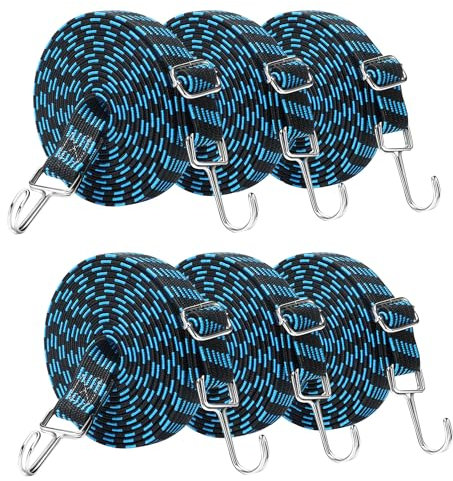 aleawol 6Pack 3M Adjustable Bungee Cords with Hooks, Extra Long Flat Bungee Cords Stretchy Heavy Duty Flat Bungee Cords Elastic Straps with Metal Buckle for Bicycles Camping Rent Luggage Fixing