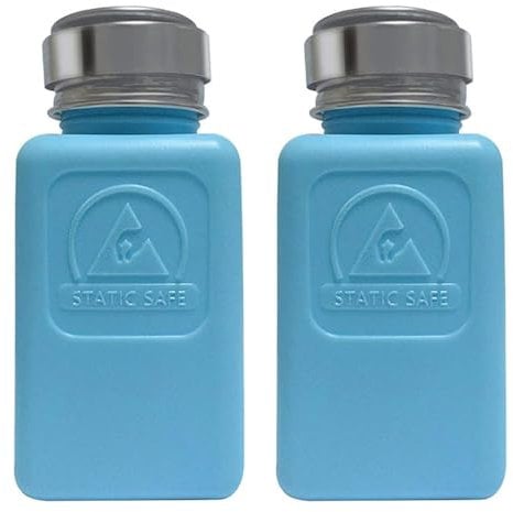 2 Pack 6 OZ / 200ml Permanent ESD Solvent Bottle | AntiStatic Square Bottle | One Touch press Stainless Steel Liquid Dispenser Pump for Rubbing Alcohol / Nail Polish Makeup Remover Dispenser, Blue