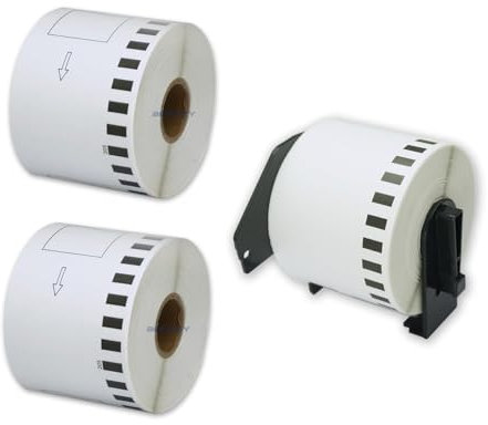BETCKEY - 3 Rollen DK-22205 Etiketten mit NUR 1 Wiederverwendbaren Etiketten Haltern, 62mm x 30.48m, Schwarz auf Weiß, 3 Endlosetiketten (Papier) für Brother QL Etikettendrucker