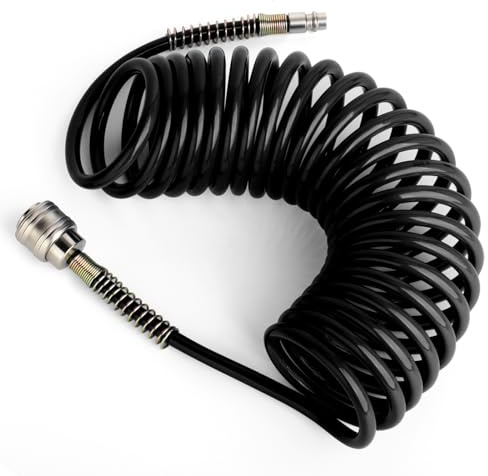 TAILONZ 5M Schwarzer PU-Luftspiralschlauch 8mm mit Kupplung | Spiralförmiger PU-Schlauch, flexibel & dehnbar, inklusive Schnellkupplung und Stecknippel.