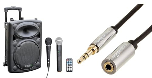 Ibiza - PORT10VHF-BT - Altoparlante portatile da 10/500W MAX con 2 microfoni & Amazon Basics - Ausiliario Cavo prolunga audio stereo maschio/femmina, 3,5 mm, 1.83 m, Nero