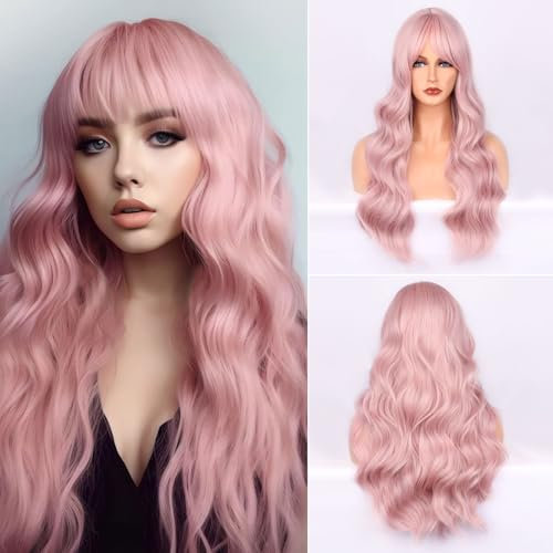 Fulang Hair Lang Pink Wellig Lockige Perücke für Frauen, perücke damen, Natürliche synthetische Haar Perücke mit Bangs (Pink)