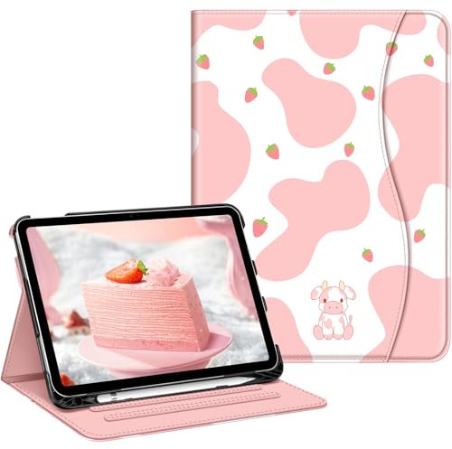 Fintie Funda para iPad 11ª Gen 2025 (A16) de 11 Pulgadas, iPad 10ª Gen de 10.9 Pulgadas (2022), Visión multiángulo con portalápices y Bolsillo, Reposo/Encendido automático, Strawberry Cow