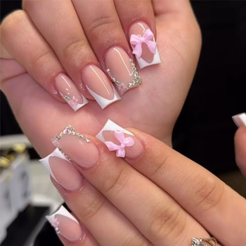 Kinretixia 24 Stück French Tip Press on Nails, kurze, quadratische künstliche Nägel mit Schleife, Strasssteinen, Nagelspitzen, vollständige Abdeckung für Frauen
