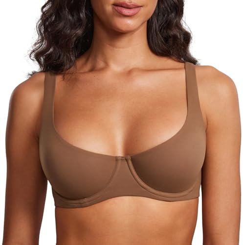 DOBREVA Women's Unlined Balconette Bra Underwire Supportive Plus Size Smooth Scoop Neck Sandalwood Brown-2 Unlined 34DD