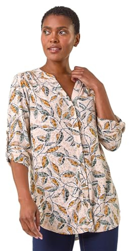 Roman Originals Shirt Top for Women UK Ladies Collarless Blouse Smart Tunic Button Through Longline Asymmetric Hem 3/4 Length Roll Up Sleeves V Neck Going Out - Neutral - Size 12