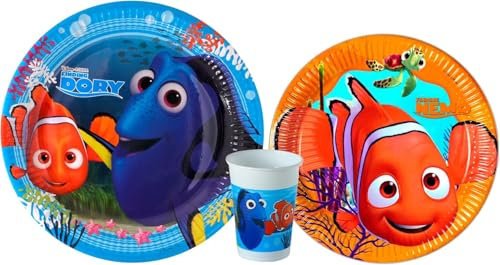 Disney Lot de 8 assiettes en papier Nemo 23 cm + 8 assiettes Dory 20 cm + 8 verres Dory/Nemo pour fêtes et anniversaire