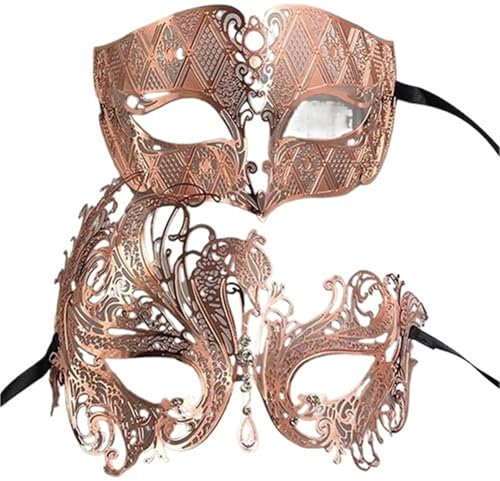 QAZWZG Venetian masks 2 Pcs Metal Filigree Couple Venetian Party Mask Wedding Ball Mask Masquerade Costume Masker Set Masquerade Mask(Rose Gold)