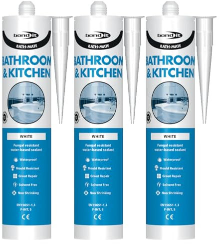 Bond It BATH-MATE Bath & Kitchen Sealant – 3x White, 285ml | Solvent Free Silicone Sealant Mould-Resistant – Water-Based – Low VOC Sanitary Sealant | Premium Silicone for Ceramic – Porcelain – & Tile