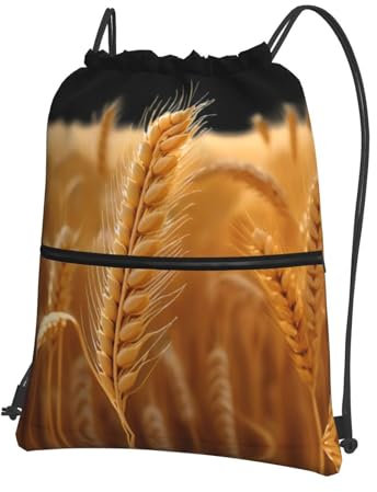 LLKGOT Rucksack mit goldenem Weizenfeld-Druck, Kordelzug, Reißverschluss, stark und leicht, für Wandern, Camping, Schwarz, Einheitsgröße