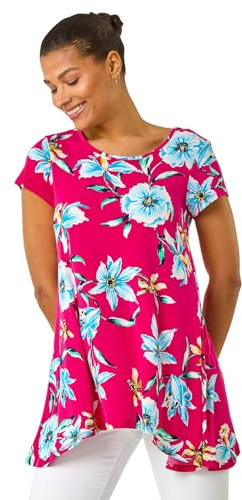Roman Originals Hanky Hem Tunic Top for Women UK - Ladies Longline Blouse Asymmetric Hemline Short Sleeves Casual Slouch Loose Summer Spring Relaxed Comfortable - Fuchsia - Size 10