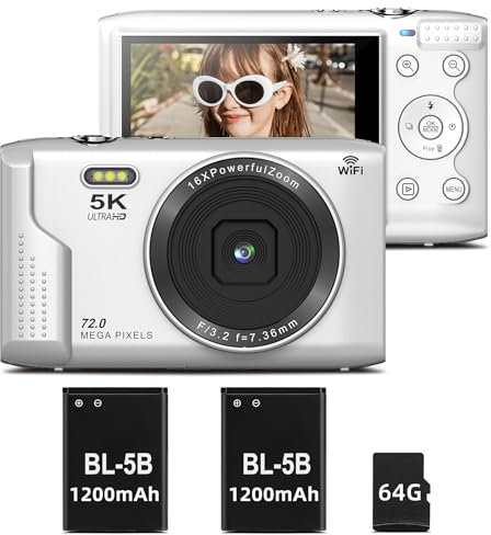 Appareil photo numérique 5K – Appareil photo numérique 72 MP avec flash, zoom 16x pour enfants, autofocus, point anti-secousses et prise de vue, appareil photo numérique pour photographie-UHD écran