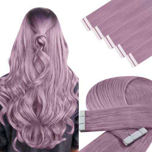 YoungSee Lightpurple Hair Extensions Tape, Lightpurple Tape in Real Human Hair Extensions, Colorful 24In 25G 10Pcs, Tapes Hair for Cosplay