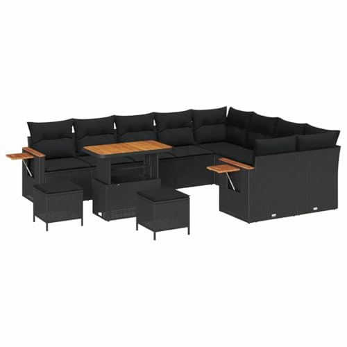 vidaXL 12-teiliges Gartensofa-Set mit Kissen in Schwarz aus Poly Rattan und Akazie. Couch-Set für den Garten, ideal für Terrasse und Balkon. Modulare, UV-beständige Lounge im modernen Design.