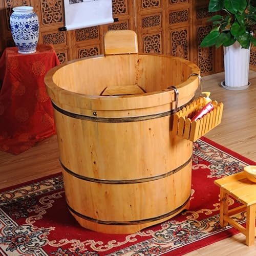 MegLob Baignoire Compacte en Bois Massif, Baignoire Compacte pour Petite Salle De Bain, Baignoire Ronde Autoportante, Baignoire en Bois avec Système D'évacuation des Eaux Usées,110cm/43.31in