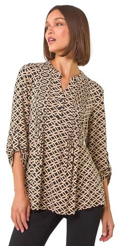 Roman Originals Pintuck Shirt for Women Ladies Jersey Blouse Collarless Top Flare Crinkle Notch Neck Tunic 3/4 Length Sleeve Longline Smart Casual Party Going Out - Noir Beige - Size 20