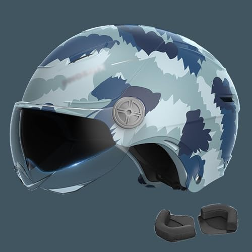 Offener Motorradhelm ECE 22.06 Zertifiziert Jethelme Halbhelme Mit Doppelvisier Für Männer Und Frauen, Modischer Camouflage-Rollerhelm A,L/(58~64cm)
