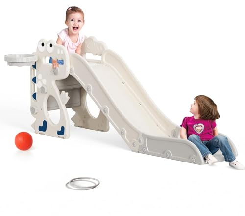 Juego de tobogán actualizado para niños pequeños, tobogán para niños, juego de golf, canasta de baloncesto, etc., fácil montaje, tobogán de jardín para bebés y niños pequeños (tobogán+cesta+anillo