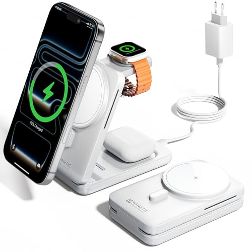KPON Ladestation für Apple Watch und iPhone, 3 in 1 Faltbares Magsafe Ladegerät Schnellladung Kompatibel mit iPhone 17-12, Apple Watch 11-2, AirPods, Reise & Büro, Inkl.20W Netzteil (weiß)