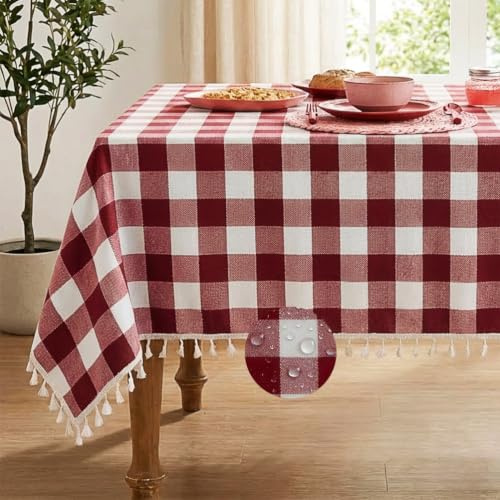 Deep Dream Wasserdichte karierte Tischdecke, rechteckig, Baumwoll-Leinen, Gingham-Tischdecke mit Quaste, knitterfrei, Büffelkaro, Tischdecke für Picknick, Küche, Esszimmer, 140 x 140 cm, Dunkelrot