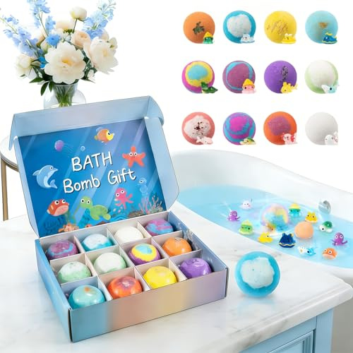 Bombas de Baño Niños con Juguete Sorpresa en el Interior - Set de 12 Unidades, Bombas Espumosas Naturales con Muñeco, Bola de Baño Infantil con Sorpresa, Regalo Ideal para niñas y niños