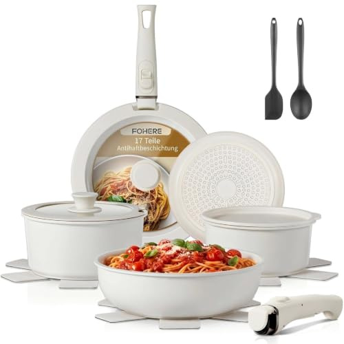 Batterie De Cuisine 17 Pièces, Poele Ceramique, Poignées Amovibles, Revêtement Céramique Antiadhésif, Induction, Lave-Vaisselle, Camping