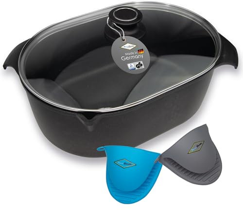 MaxxGoods Bräter 33 x 22cm aus Aluguss mit Glasdeckel | Bratentopf für alle Herdarten inklusive Induktion | Bräter mit Deckel, backofenfest & Entlüftungsknopf | Bräter mit Ausgießer | 5,5L Fassung