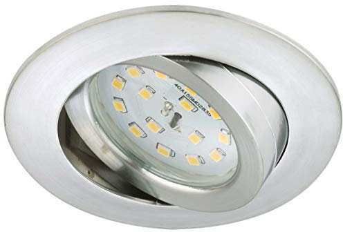 BRILONER - 1x LED Einbaustrahler 230V Flach, Deckenspots, LED Spots, Einbauspots LED, Einbauleuchten Decke, 68mm, Dimmbar, Schwenkbar, Warmweißes Licht, Aluminiumfarbig, 82x28 mm (DxH)