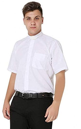 IvyRobes Clergy Shirt Men Priest Clerical Shirts Short Sleeves with Free Slip-in Tab Collar White (Necksize 17.5)