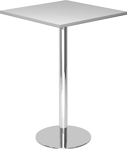 bümö Stehtisch Büro, Bistrotisch eckig 80 x 80 cm - Bartisch grau, Stehtisch Holz-Platte, Säule aus Metall verchromt, Buffettisch, Säulentisch, Partytisch, Thekentisch, Hochtisch, Barmöbel