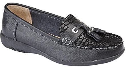 WOMENS LEATHER EXTRA WIDE EEE FIT SLIP ON LOAFERS SHOES SIZE 3 - 9 BLACK (6)