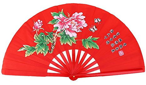 VGEBY Traditional Chinese Fan, Large Folding Hand Chinese Fan Kung Fu Fighting Tai Chi Fan Bamboo Fabric Fan (Red)