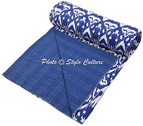 Indian Kantha Colcha Tamaño Doble de Tinta Azul Algodón Ikat cosida a mano manta ropa de cama cubierta de cama por Stylo cultura