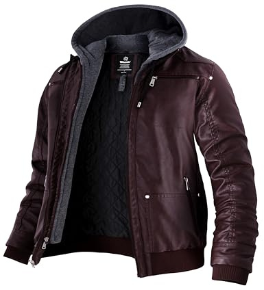 Wantdo Giacca Pelle Uomo Giubbotto Moto Calda con Cappuccio | PU Pelle Sintetica, Antivento,Cappuccio Rimovibile, Impermeabile, Caldo,Tasche con Cerniera, Tasca Interna, per Outdoor&Moto