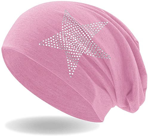 Hatstar Strass Stern Damen Beanie Mütze | elastisches Slouch Long Beanie | Mädchen Mütze | mit edler Strass Applikation | leicht und weich (rosa)