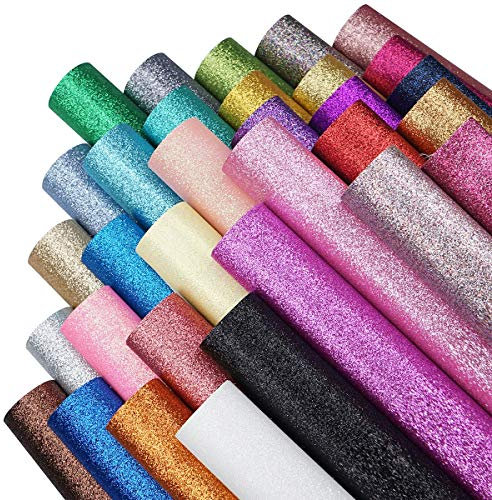 32 Colors 8X6 Inches Glitter Faux Leather Fabric Sheets for Leather Bows, Earring, Jewelry Making, Sewing, Shoe Making and Craft Making